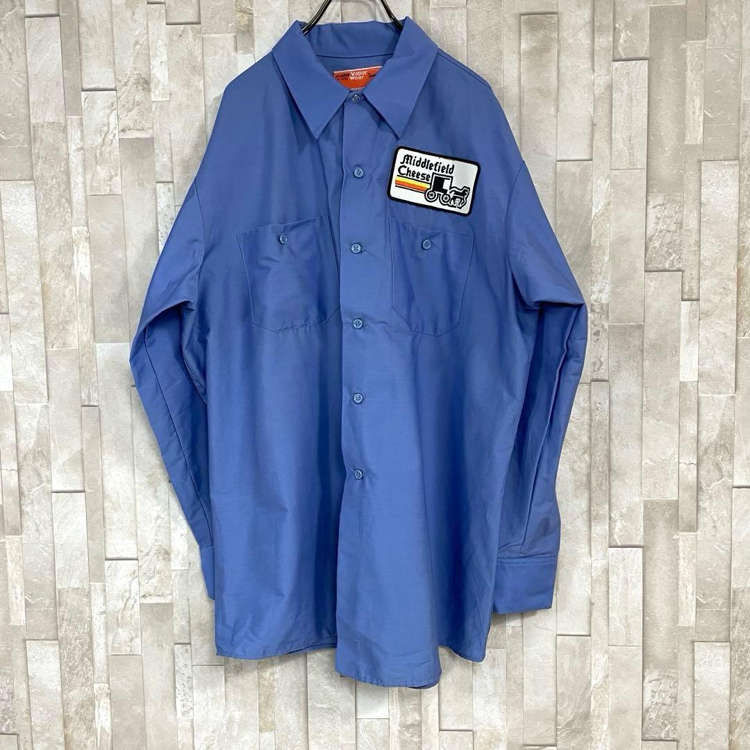 古着 WORK WEAR 長袖ワークシャツ 企業ロゴ ブルー XL