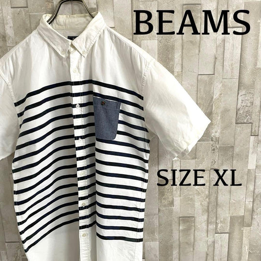 古着BEAMS HEART 迷彩 ボーダー デニム調ポケット 半袖シャツ XL