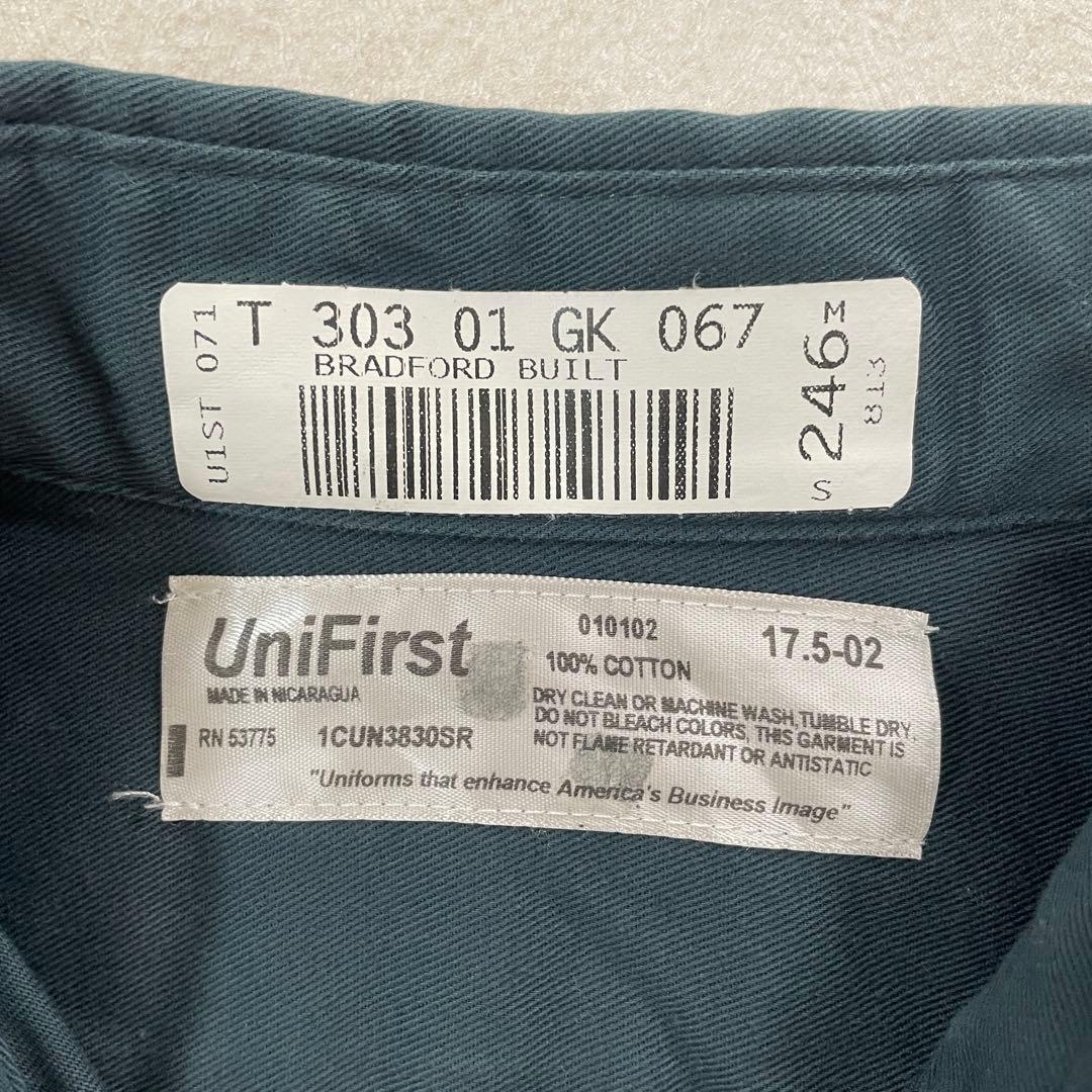 【美品】UniFirst 長袖ワークシャツ ワッペン刺繍17.5-02 緑