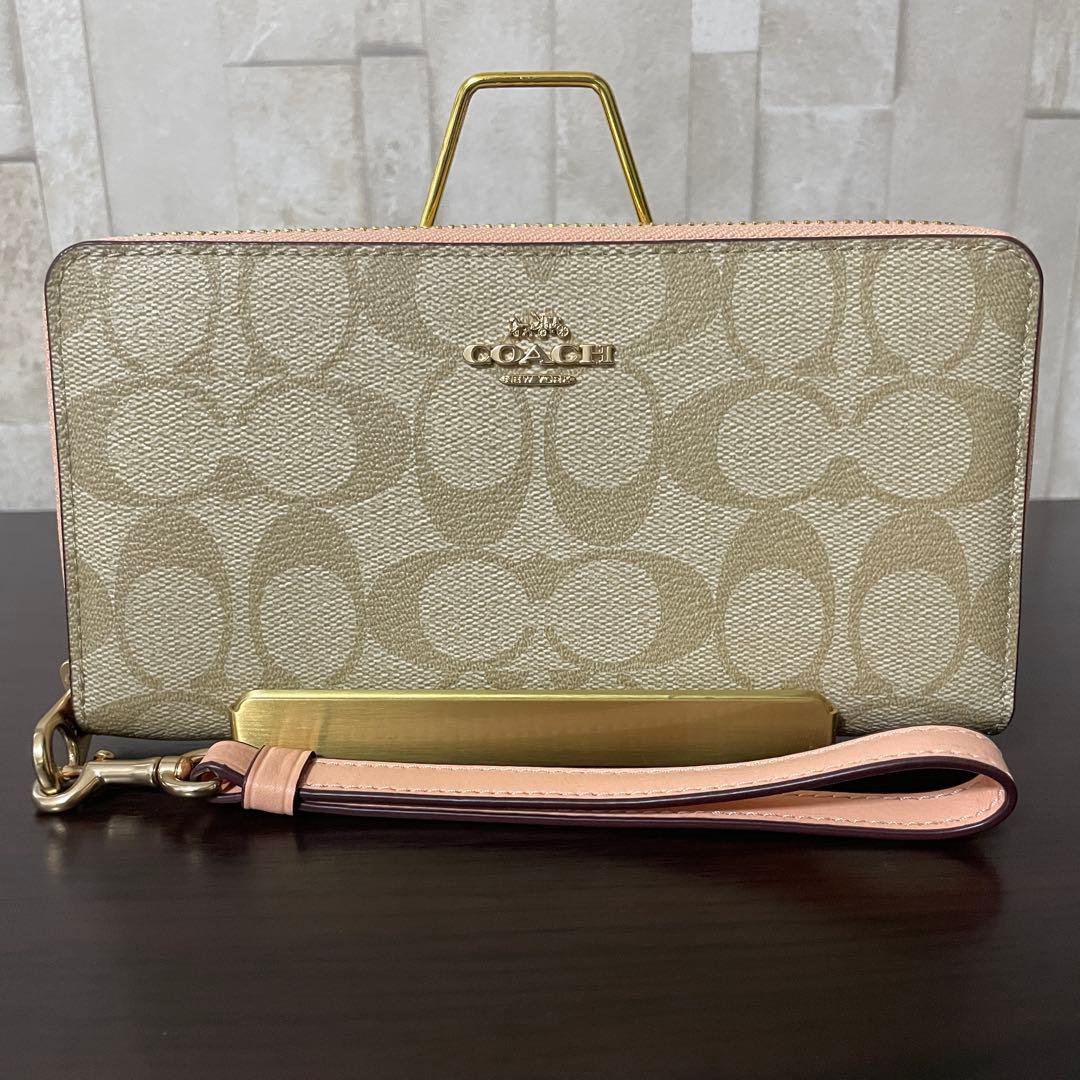 訳あり新品 COACH 長財布 シグネチャー ベージュ×ピンク