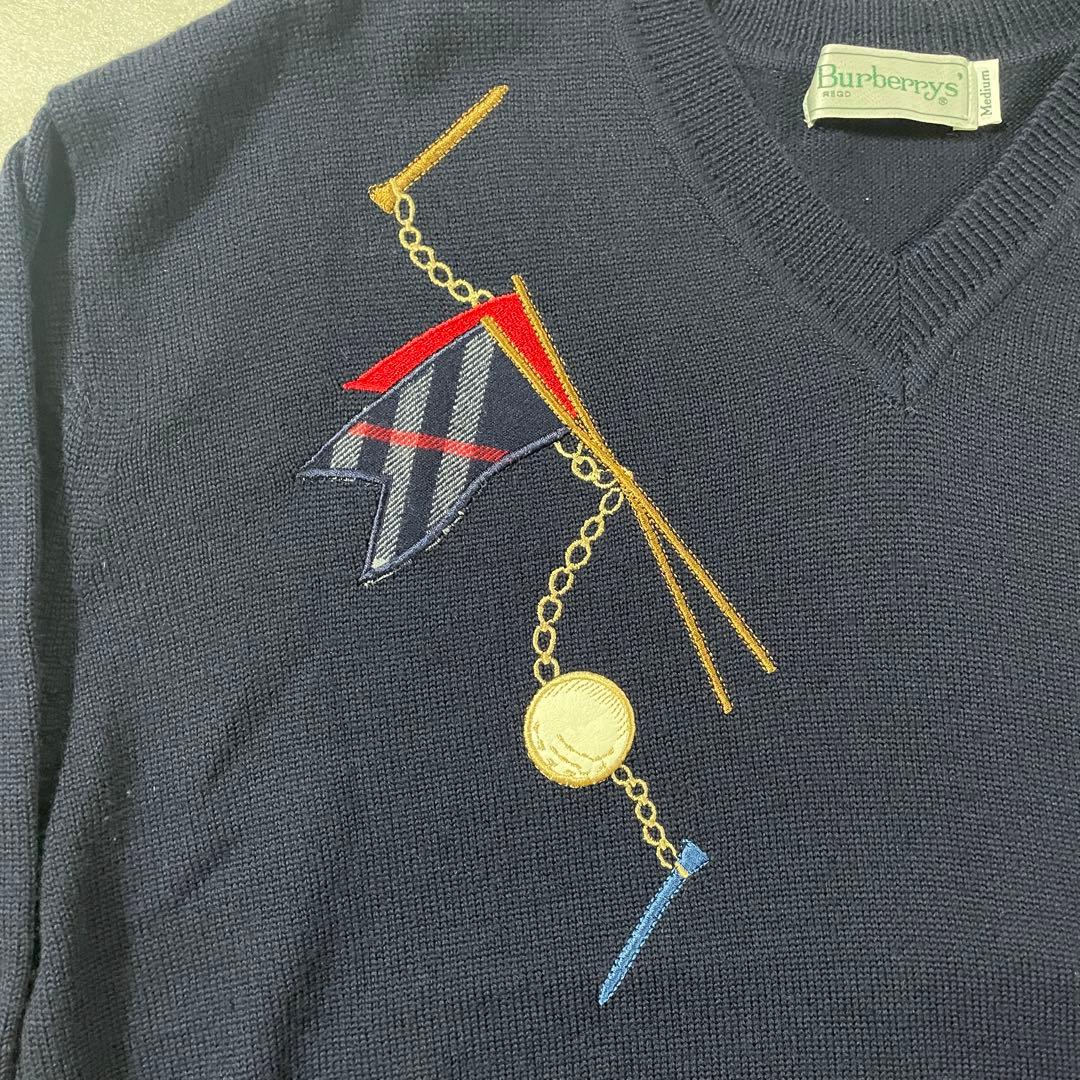 【美品】90s BURBERRY 長袖ニット ゴルフ刺繍 ケーブルニット M