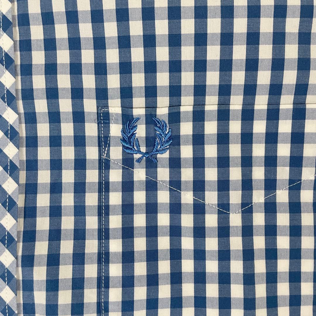 【美品】FRED PERRY 半袖シャツ ボタンダウン チェック柄 ブルー S
