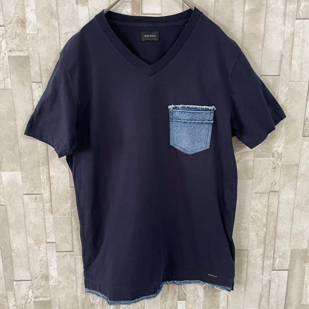 【美品】DIESEL VネックTシャツ デニムポケット ネイビー XSサイズ