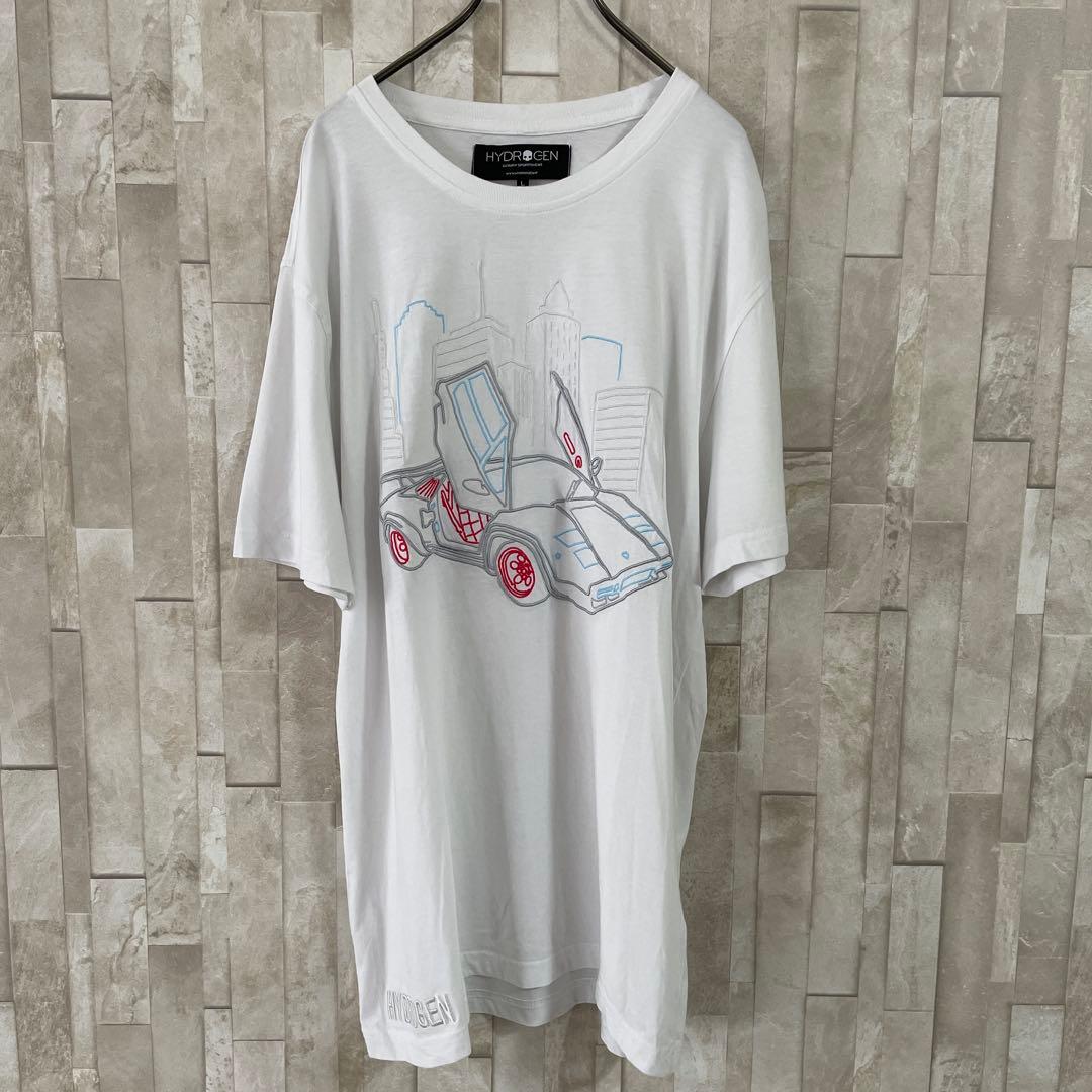 【美品】HYDROGEN ビック刺繍 車イラスト 半袖Tシャツ L ホワイト
