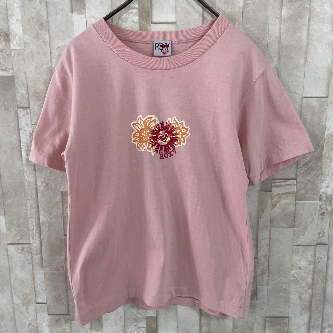 古着 ROXY 花柄プリント ロゴプリント 半袖Tシャツ ピンク