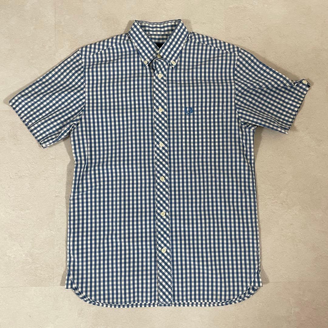 【美品】FRED PERRY 半袖シャツ ボタンダウン チェック柄 ブルー S