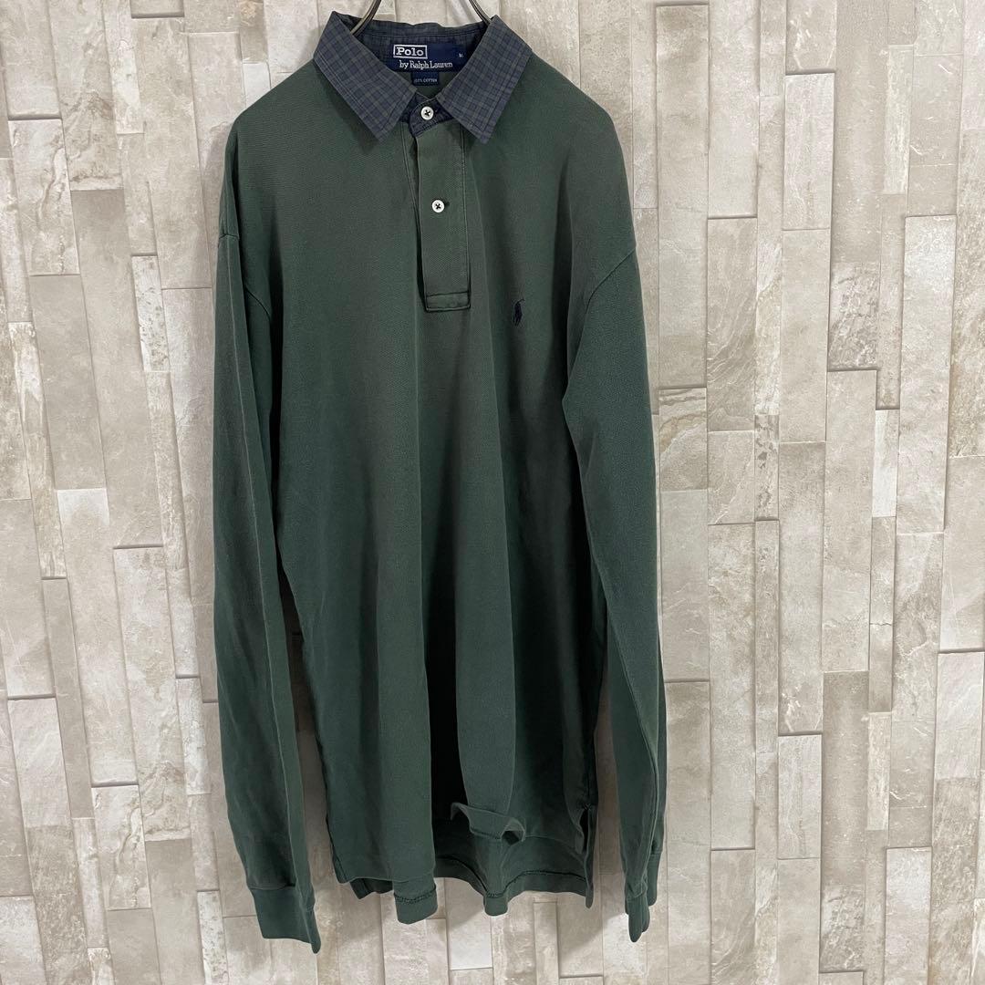 【美品】90s POLO RALPH LAUREN 長袖ポロシャツ M グリーン