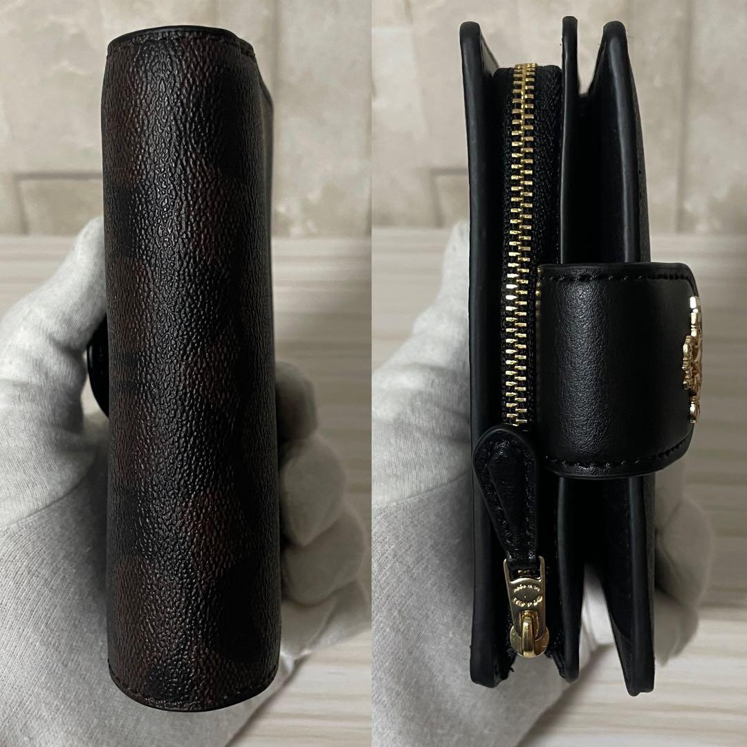 訳あり新品 COACH 二つ折り財布 シグネチャー柄 茶×黒