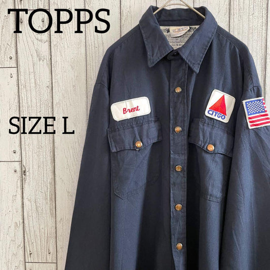 【美品】古着TOPPS 長袖ワークシャツ Ｌサイズ ネイビー USA製