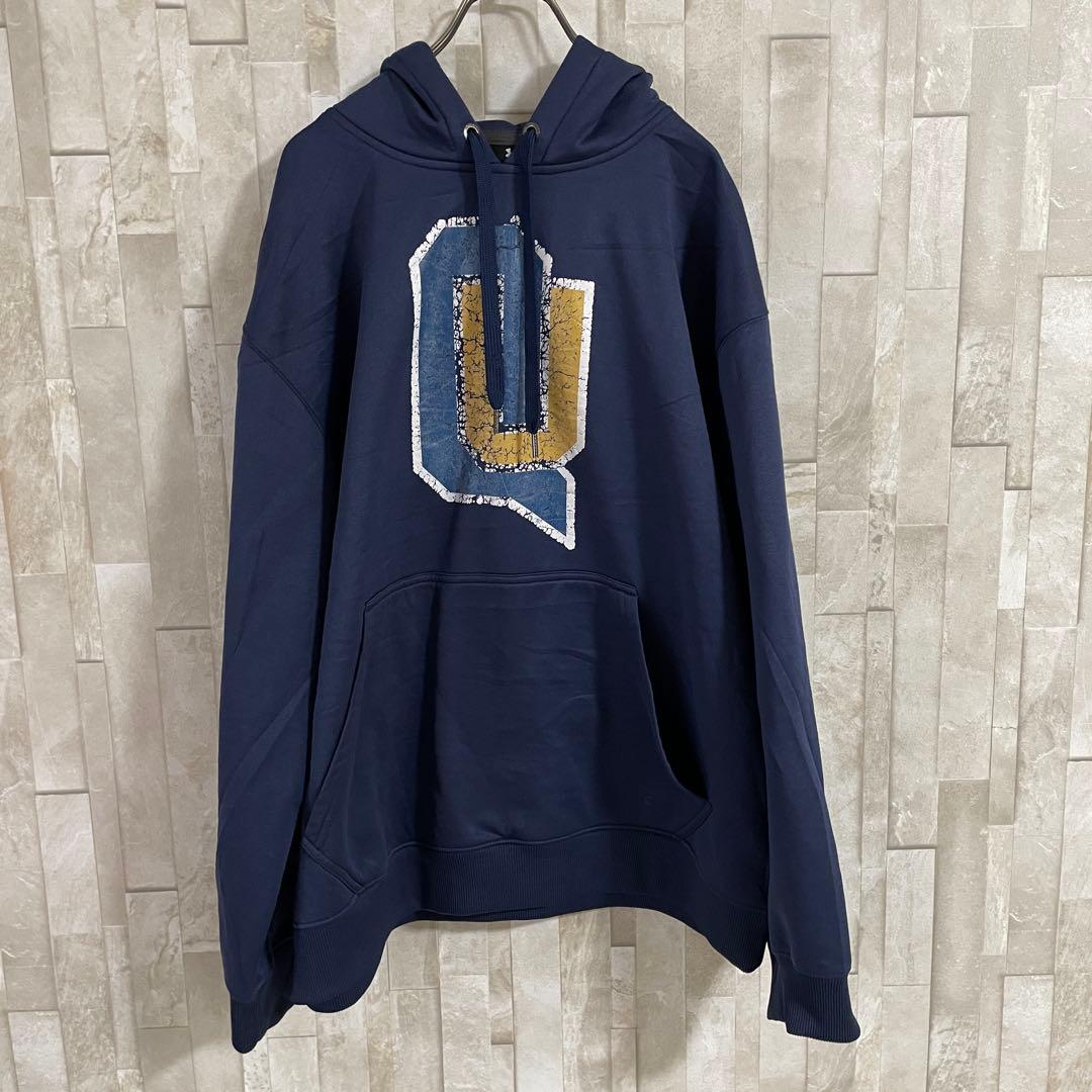 古着 UNDER ARMOUR プルオーバーパーカー プリント STORM 紺色