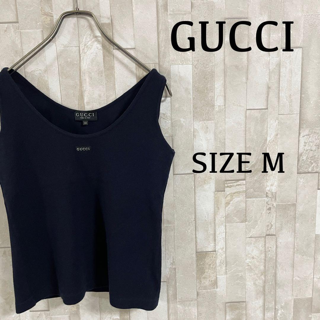 【美品】GUCCI タンクトップ イタリア製 ロゴ刺繍 サイズM ネイビー