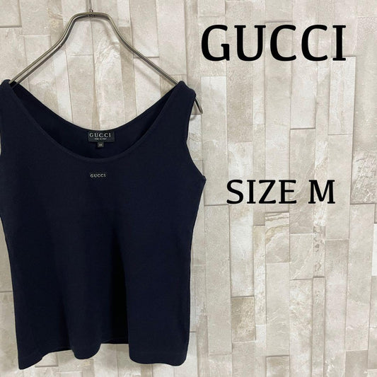 【美品】GUCCI タンクトップ イタリア製 ロゴ刺繍 サイズM ネイビー
