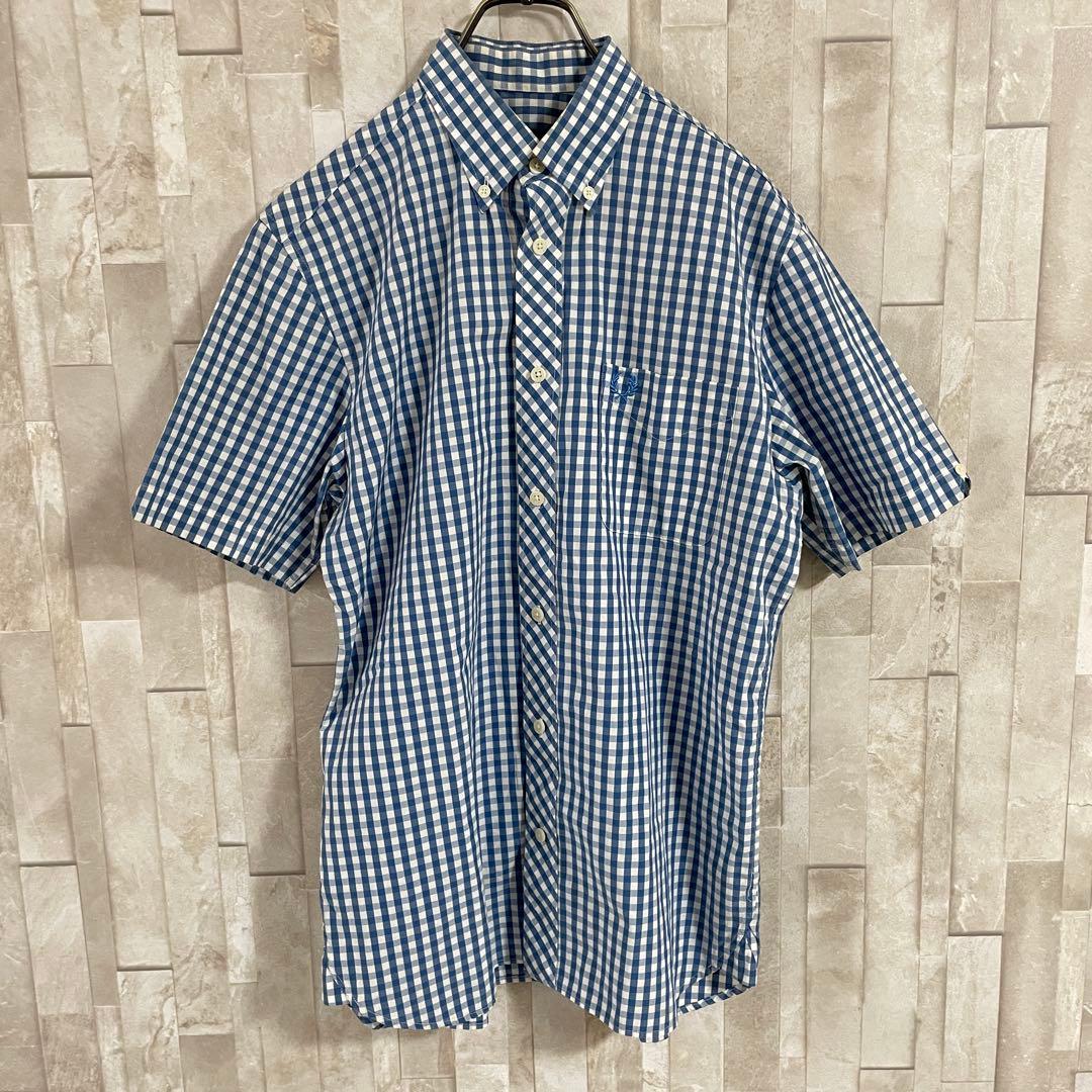 【美品】FRED PERRY 半袖シャツ ボタンダウン チェック柄 ブルー S