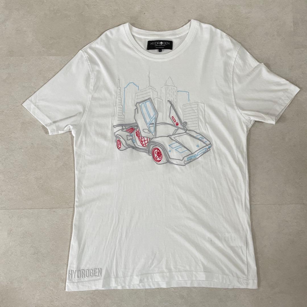 【美品】HYDROGEN ビック刺繍 車イラスト 半袖Tシャツ L ホワイト