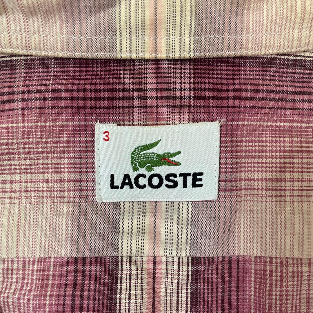 古着 LACOSTE 長袖シャツ ワニ刺繍 チェック柄 パープル 日本製