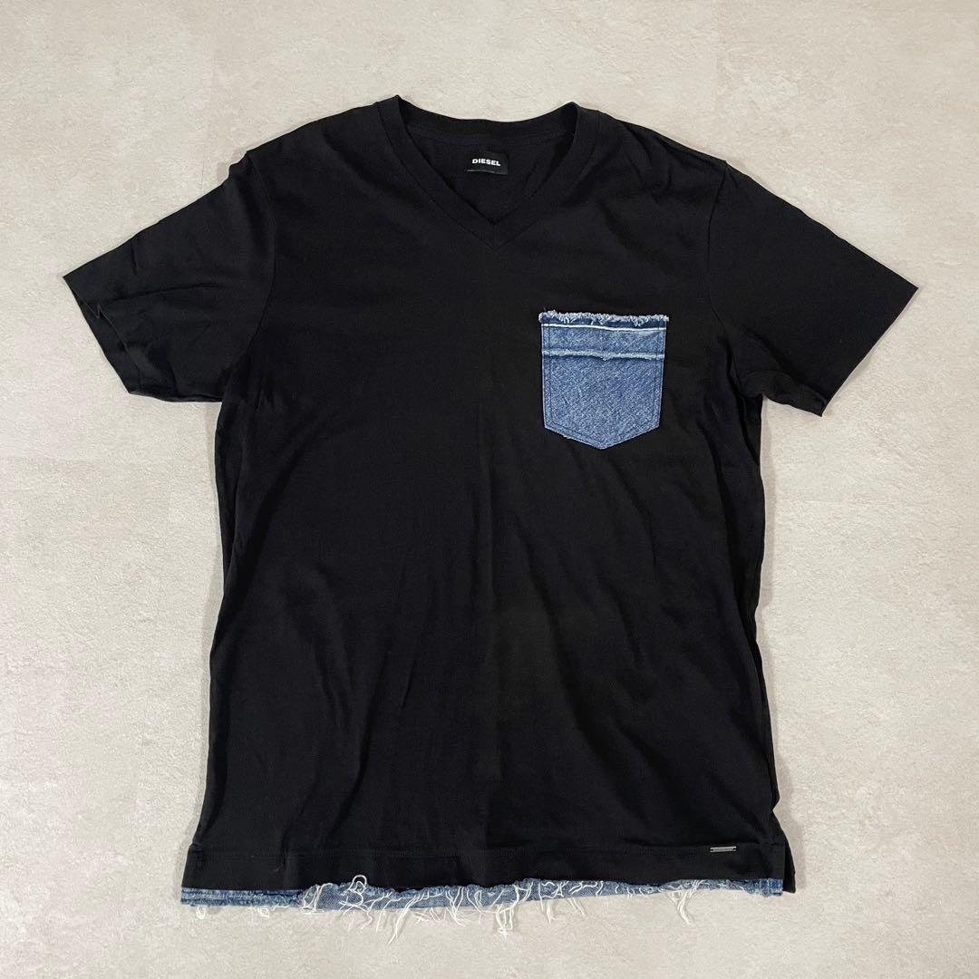古着DIESEL 半袖VネックTシャツ デニムポケット サイズS ブラック
