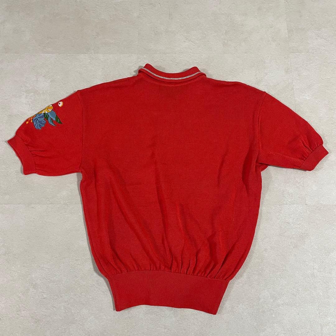 古着 LEONARD 半袖ポロシャツ ニット 花柄刺繍 レッド
