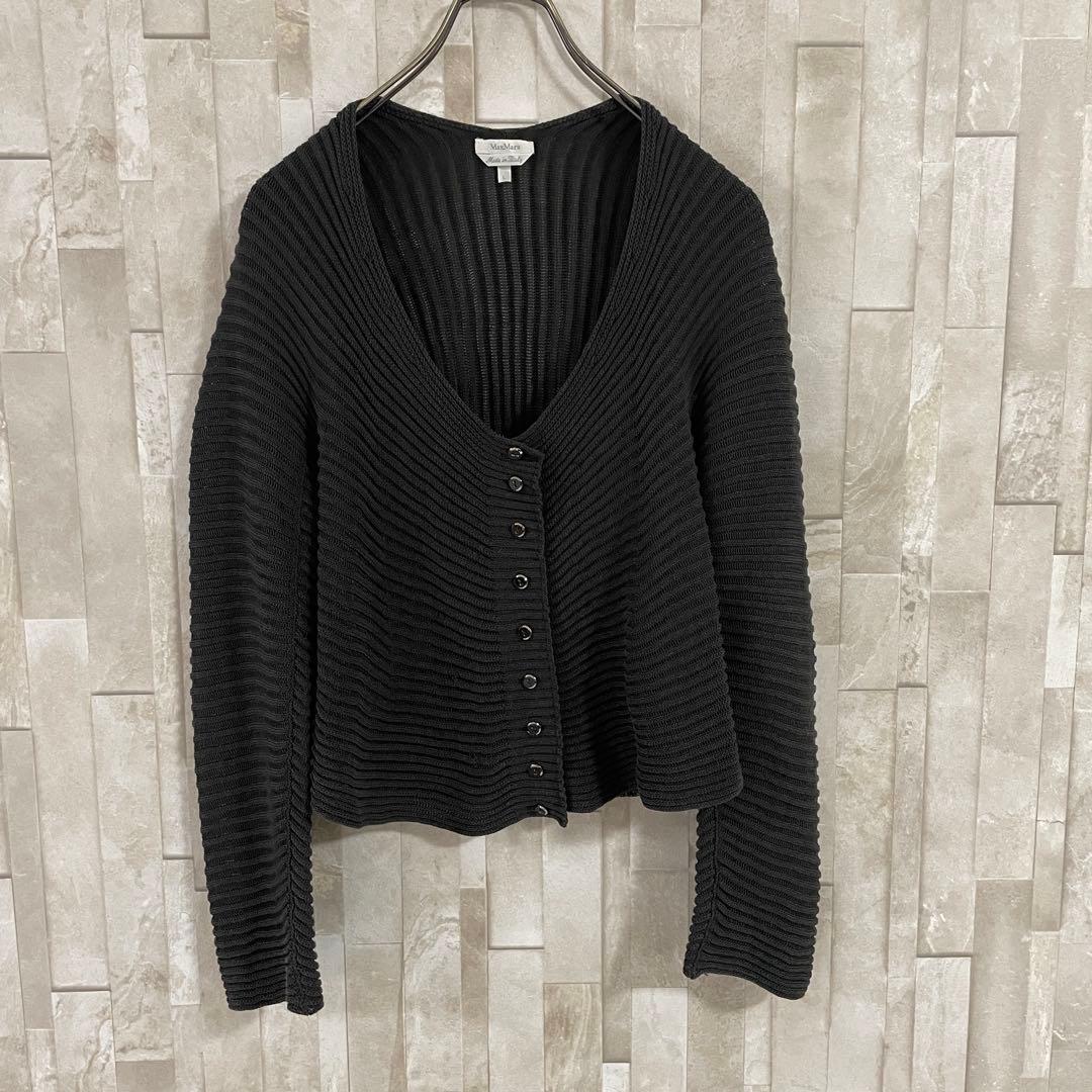 【美品】MaxMara 長袖カーディガン イタリア製 リブ編み Vネック L黒