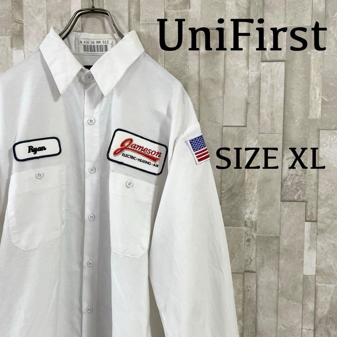 古着 UniFirst 長袖ワークシャツ 国旗刺繍 サイズXL ホワイト