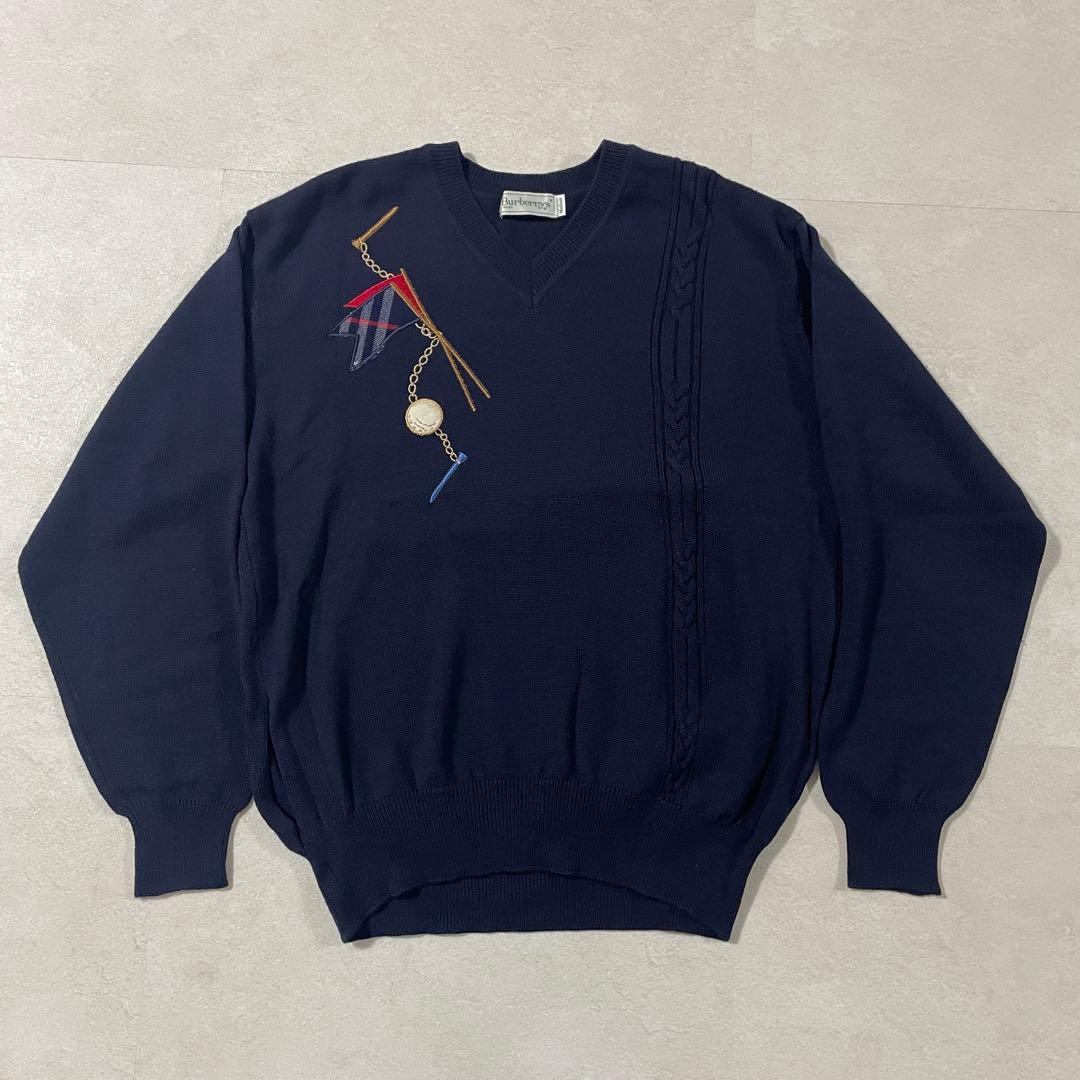 【美品】90s BURBERRY 長袖ニット ゴルフ刺繍 ケーブルニット M
