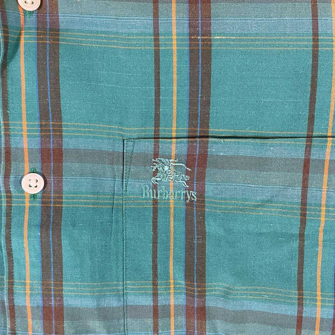 90s BURBERRY 半袖シャツ ロゴ刺繍 サイズM グリーン チェック柄