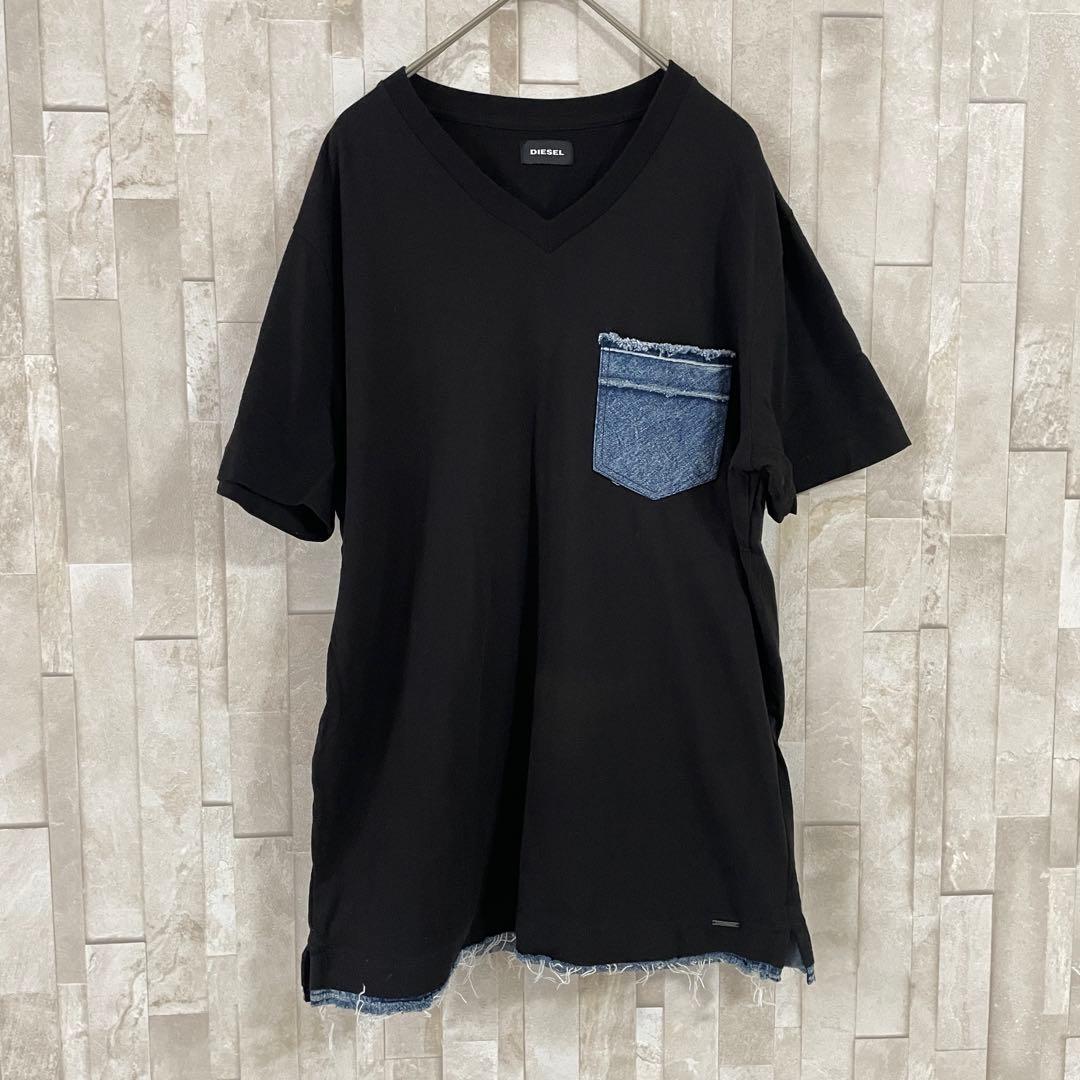 古着DIESEL 半袖VネックTシャツ デニムポケット サイズS ブラック