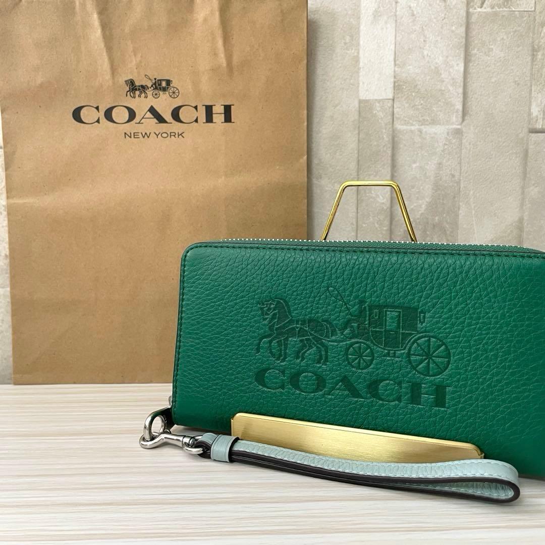 訳あり新品 COACH 長財布 ホース＆キャリッジ柄 グリーン系