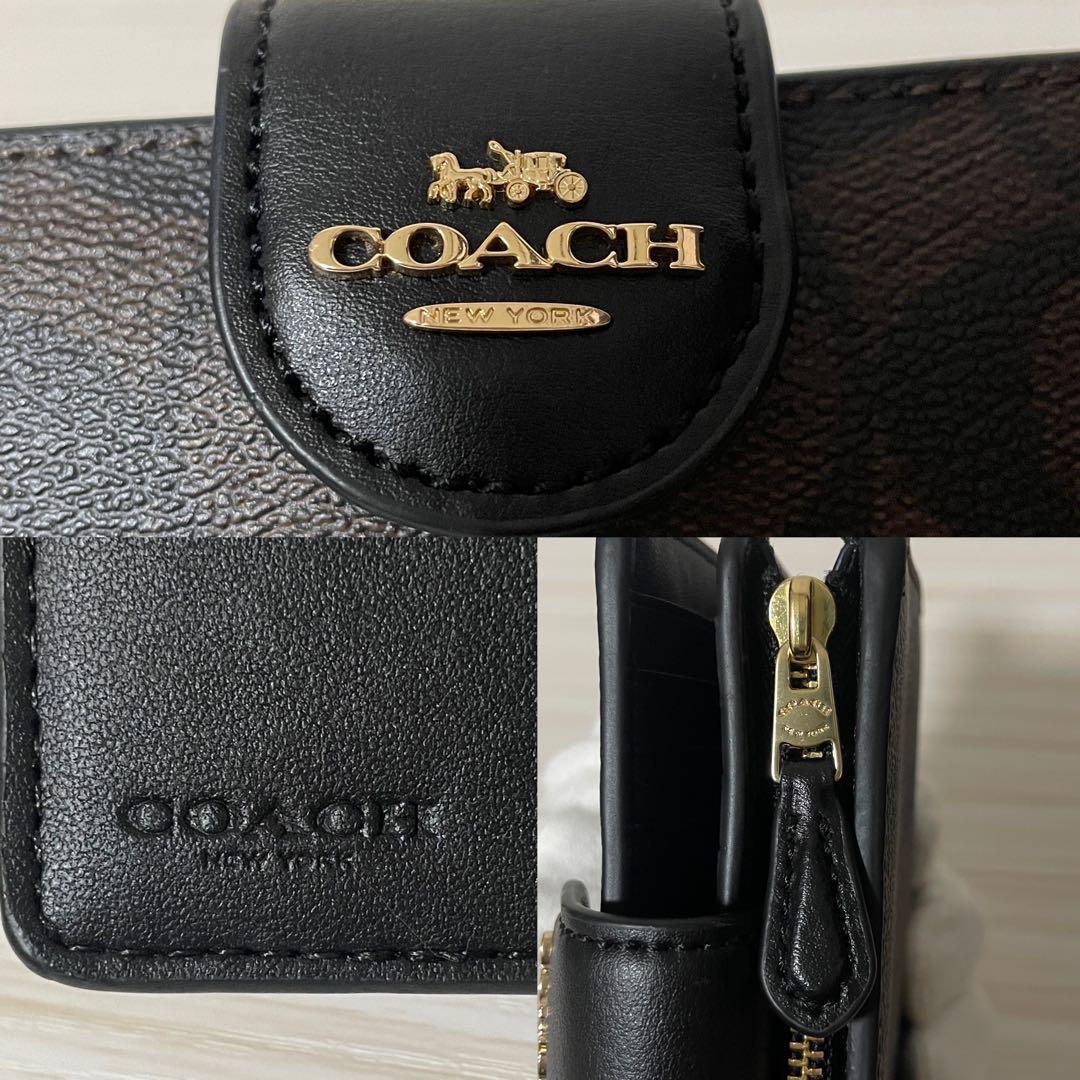 訳あり新品 COACH 二つ折り財布 シグネチャー柄 茶×黒