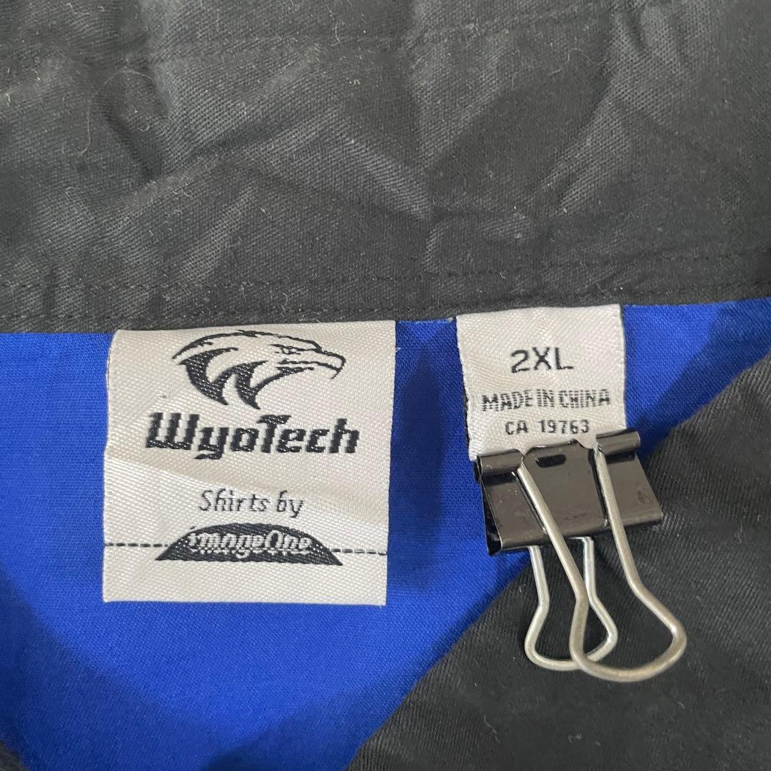 【美品】WyoTech 半袖ワークシャツ ロゴ刺繍 黒×青 ツートン 2XL
