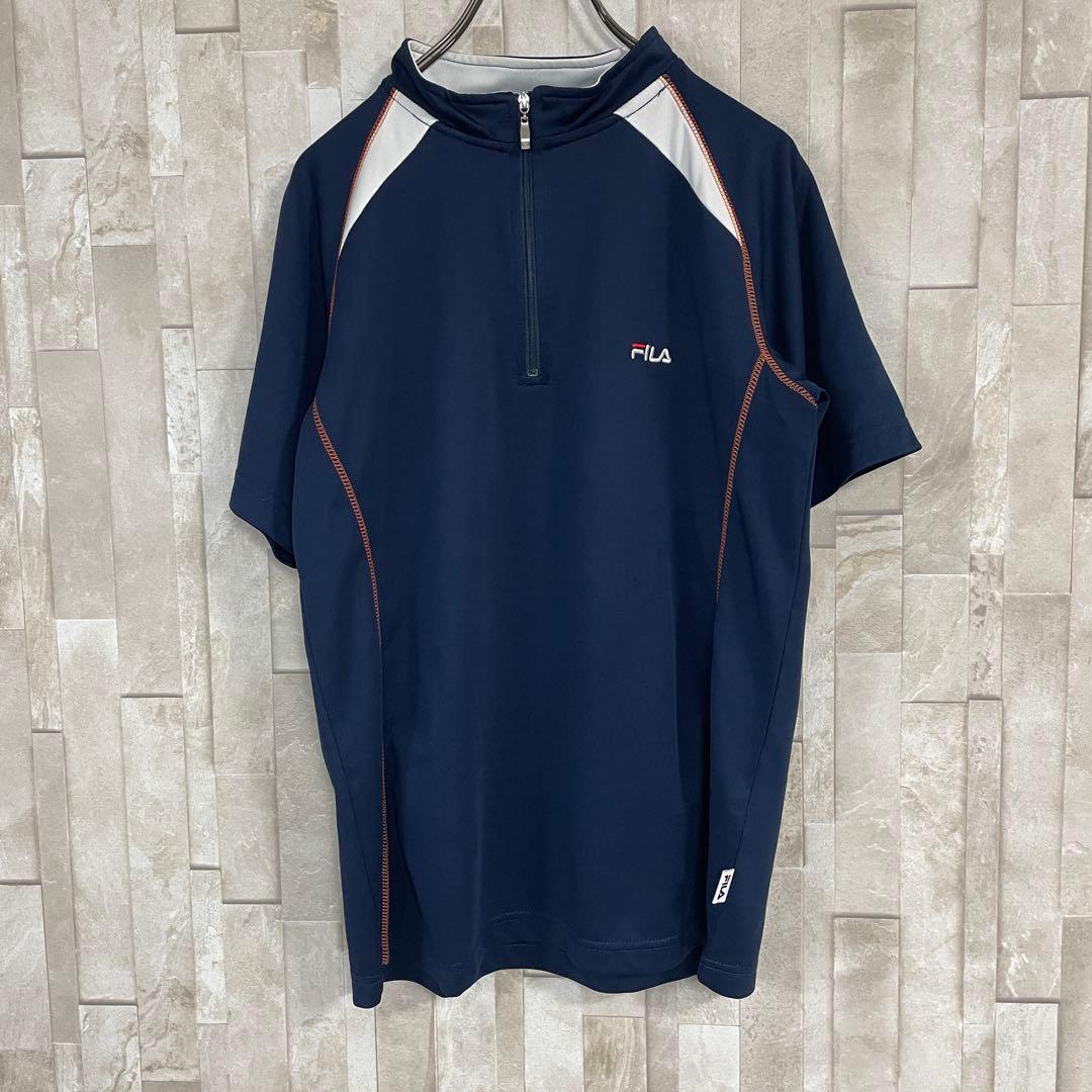 古着 FILA 半袖シャツ ハーフジップ スポーツウェア M ネイビー