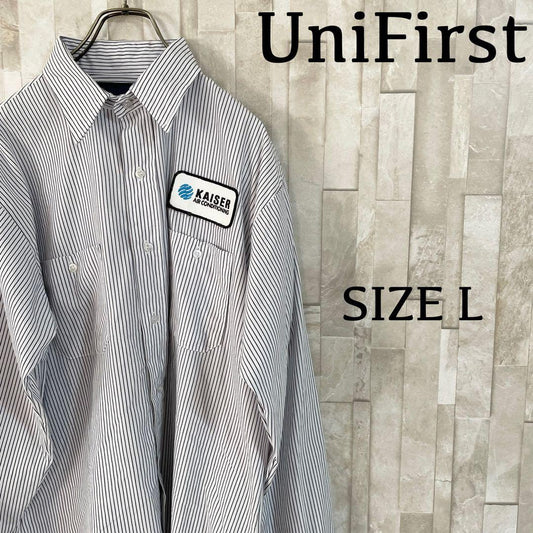 古着 UniFirst 長袖ワークシャツ ワッペン刺繍 ストライプ Lサイズ