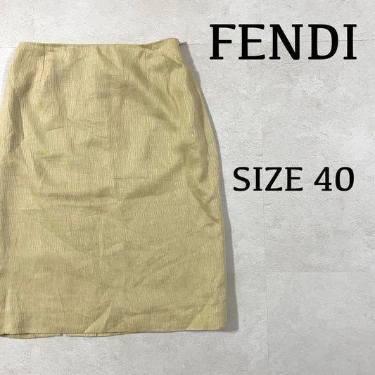 【美品】FENDI ひざ丈スカート イタリア製 麻100％ 40 ベージュ系
