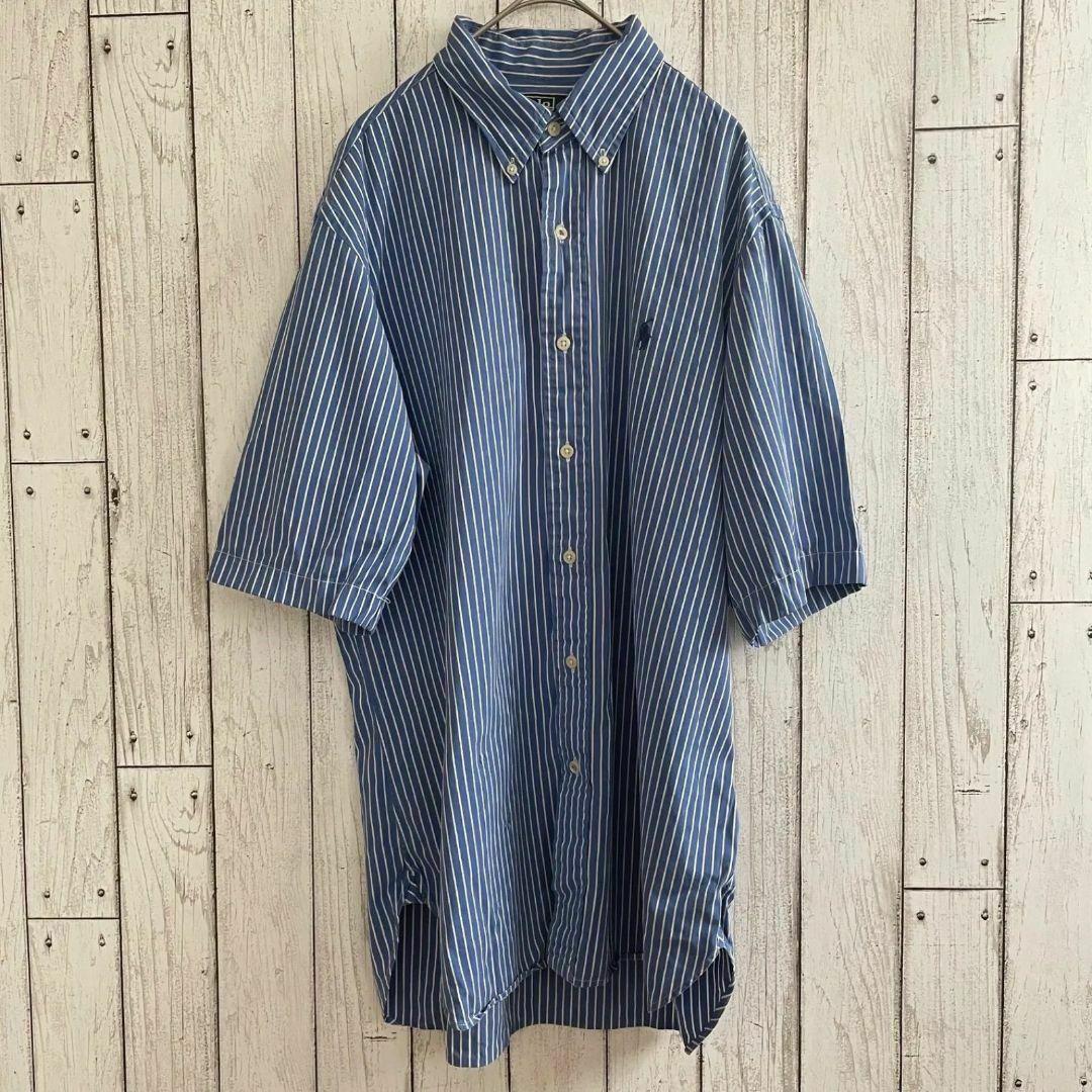90s ラルフローレン メンズ 半袖 シャツ 16サイズ ブルー ストライプ柄