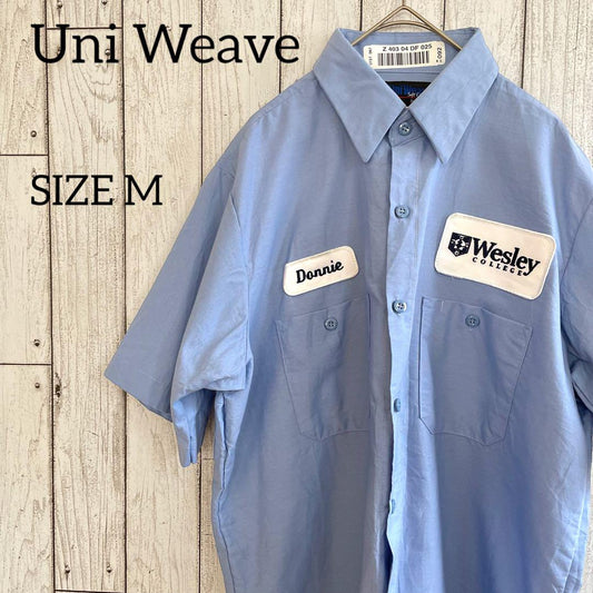 【美品】UniWeave ワークシャツ 半袖 ワッペン付き ブルー