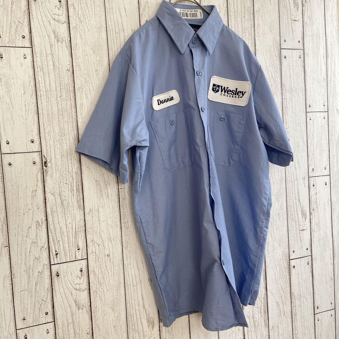【美品】UniWeave ワークシャツ 半袖 ワッペン付き ブルー