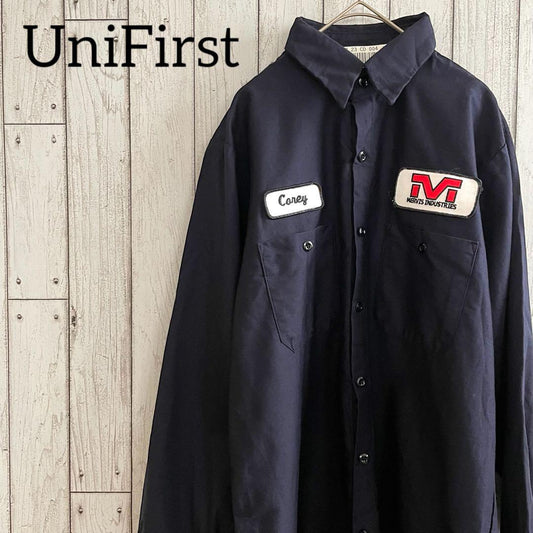 【美品】UniFirst メンズ 長袖ワークシャツ ネイビー