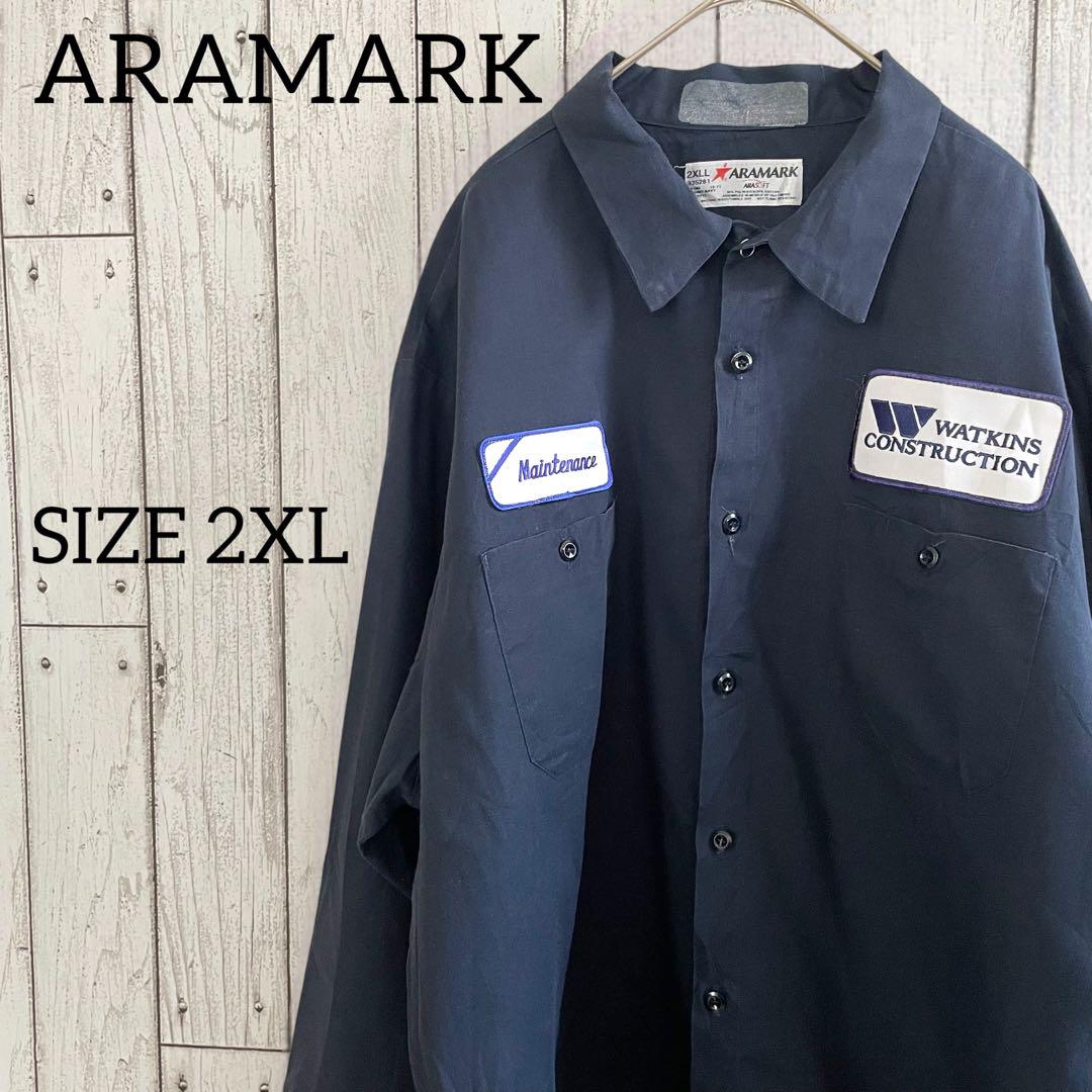 【美品】古着ARAMARK 長袖ワークシャツ 2XLサイズ ネイビー