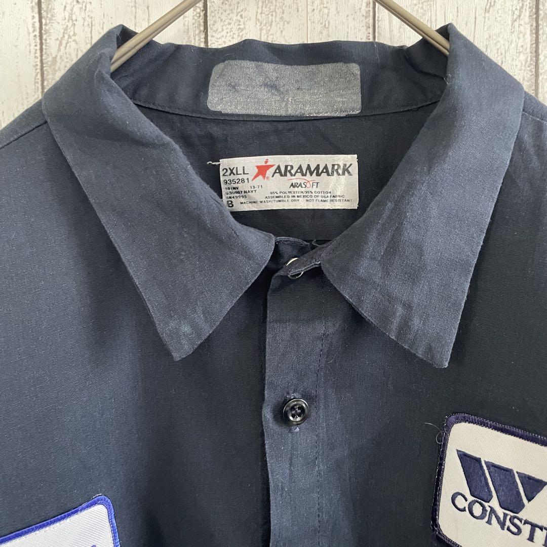【美品】古着ARAMARK 長袖ワークシャツ 2XLサイズ ネイビー