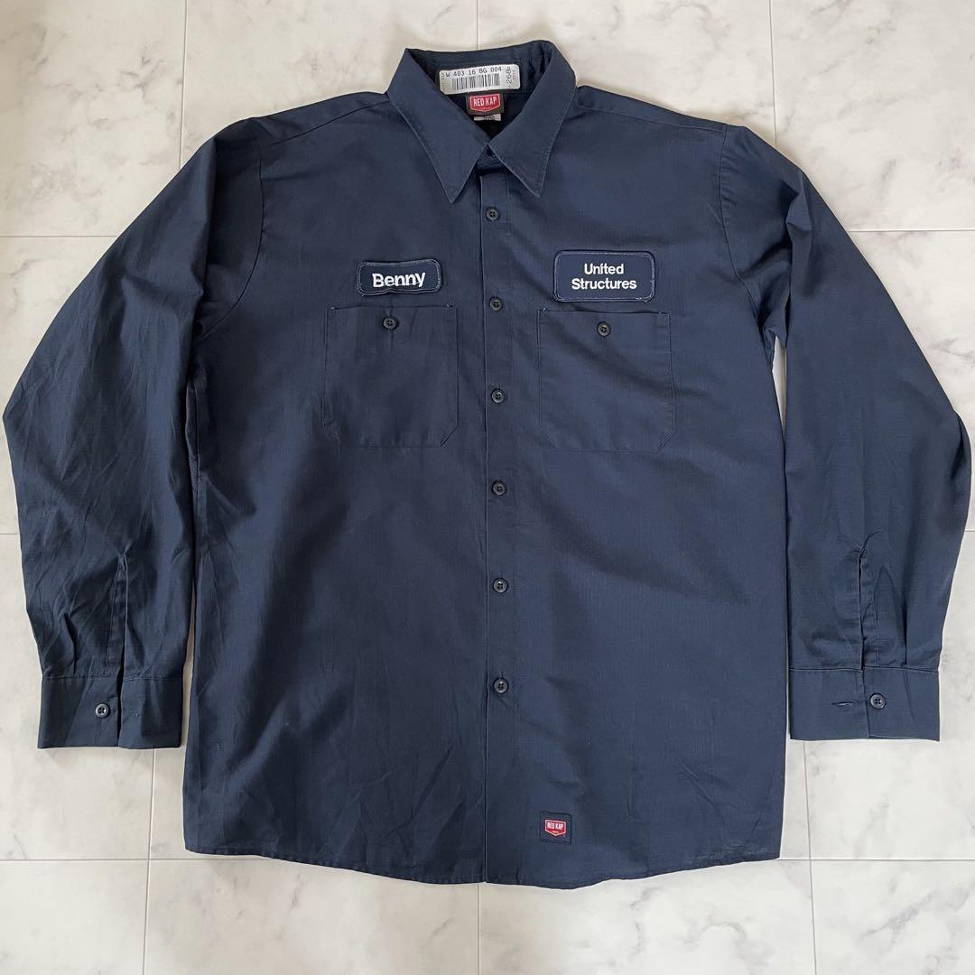 【美品】古着 RED KAP 長袖ワークシャツ Lサイズ ネイビー 背中模様有り