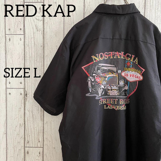 【美品】古着 RED KAP バックプリント 半袖ワークシャツ L ブラック