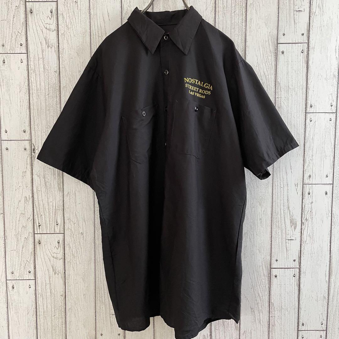 【美品】古着 RED KAP バックプリント 半袖ワークシャツ L ブラック
