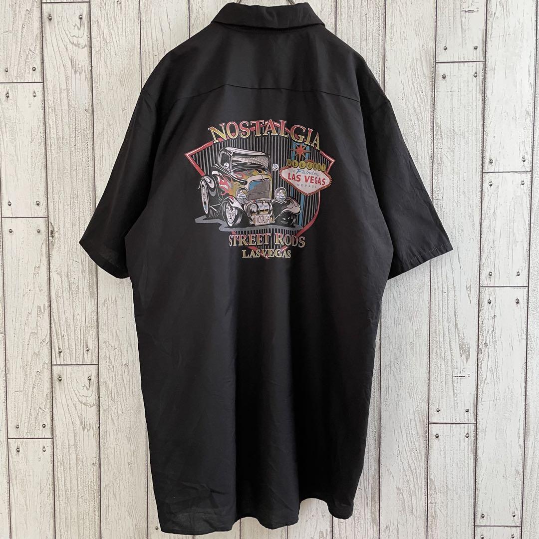 【美品】古着 RED KAP バックプリント 半袖ワークシャツ L ブラック