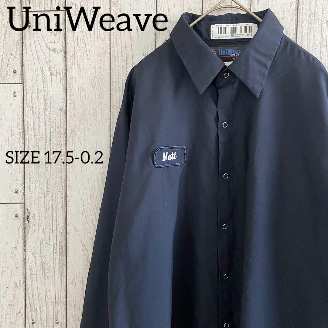古着 UniWeave 長袖ワークシャツ 17.5-0.2サイズ ネイビー