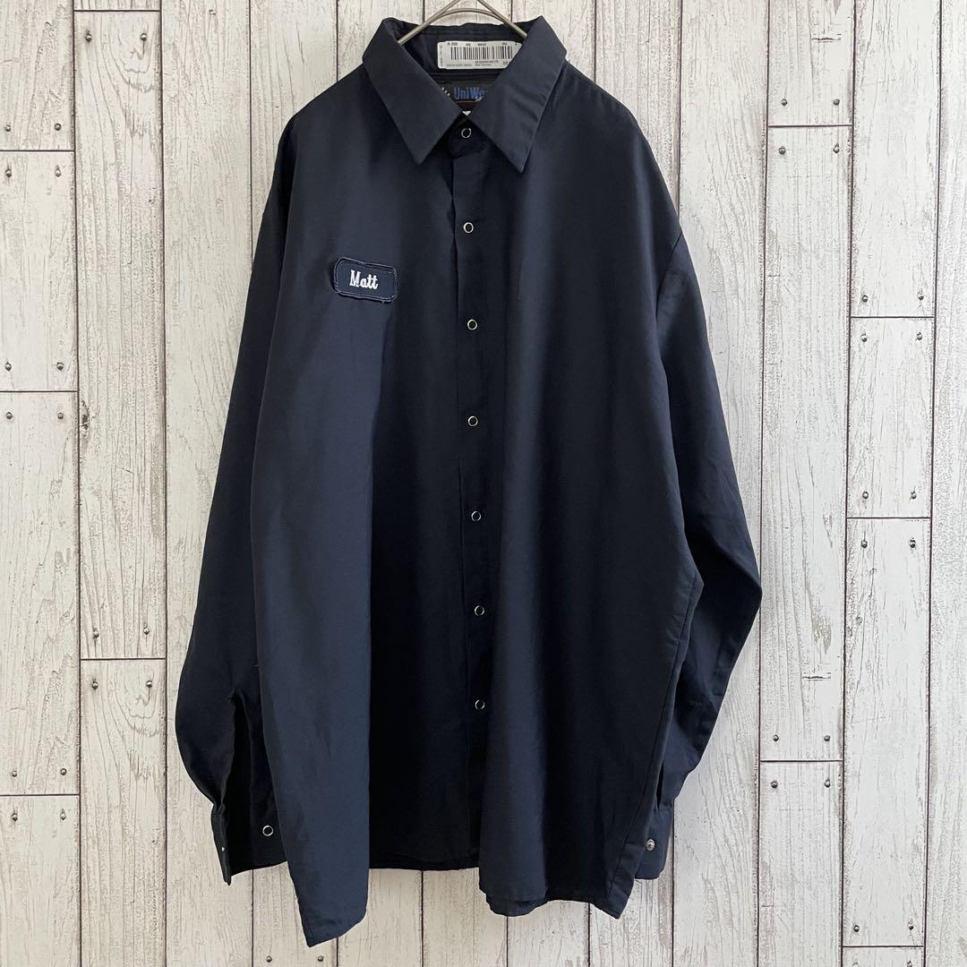 古着 UniWeave 長袖ワークシャツ 17.5-0.2サイズ ネイビー