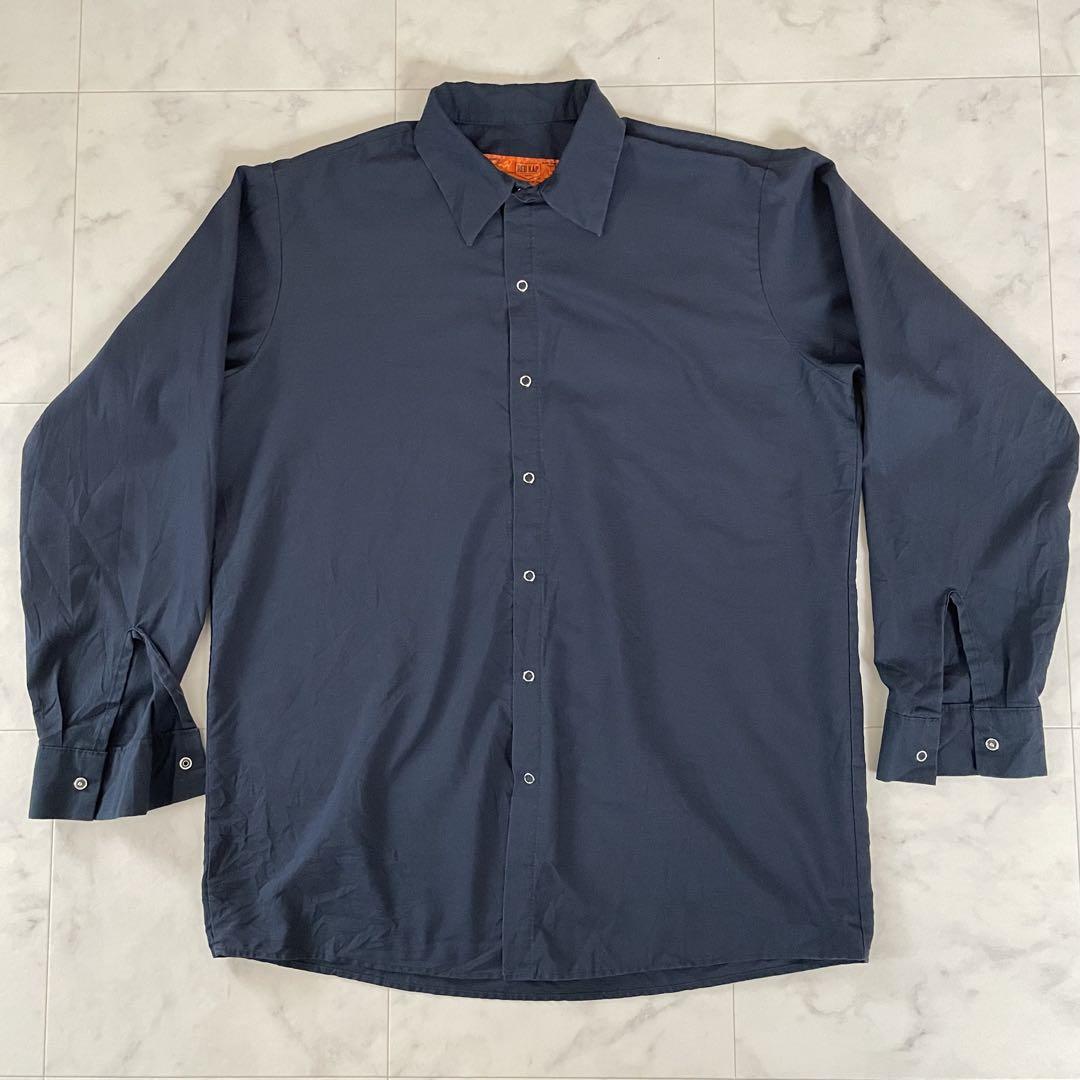 【美品】古着 RED KAP 長袖ワークシャツ Lサイズ ネイビー ポケットなし