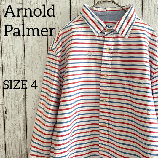 【美品】Arnold Palmer 七分袖シャツ 4サイズ ボーダー 赤青白
