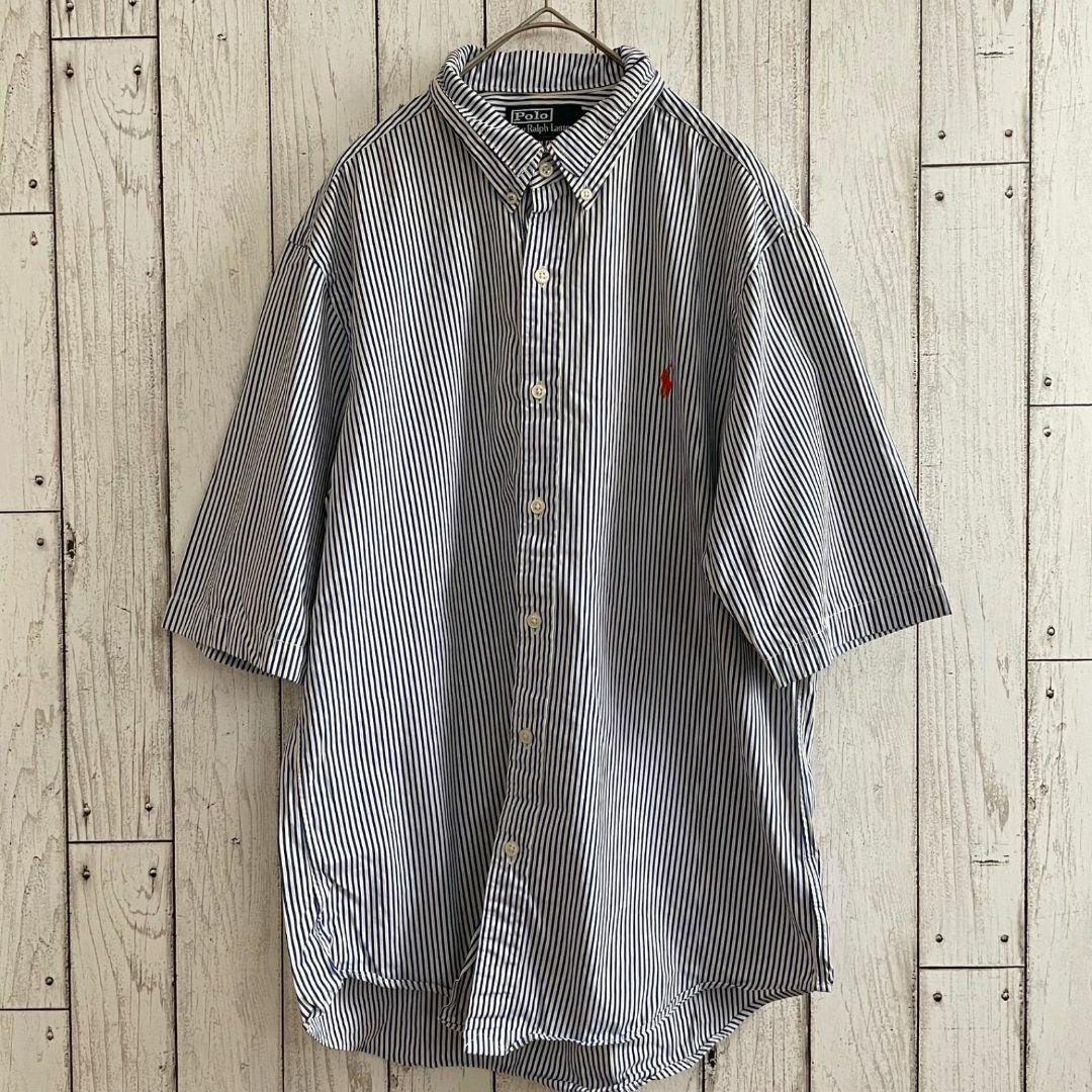 90s ラルフローレン メンズ 半袖 シャツ Lサイズ ブルー ストライプ柄
