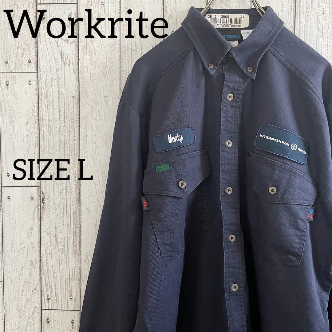 古着 Workrite 長袖ワークシャツ Lサイズ ネイビー ボタンダウン