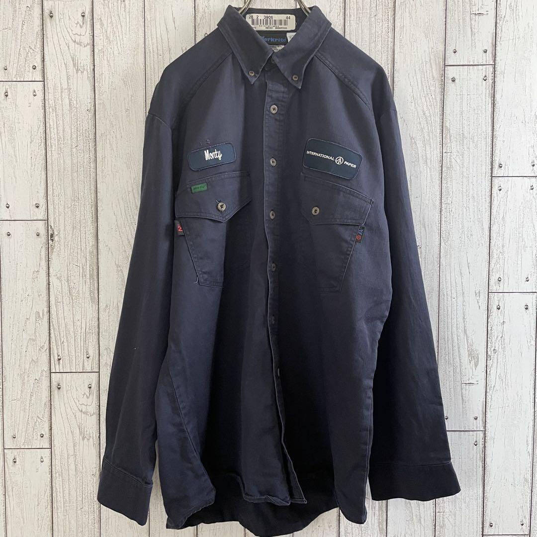 古着 Workrite 長袖ワークシャツ Lサイズ ネイビー ボタンダウン
