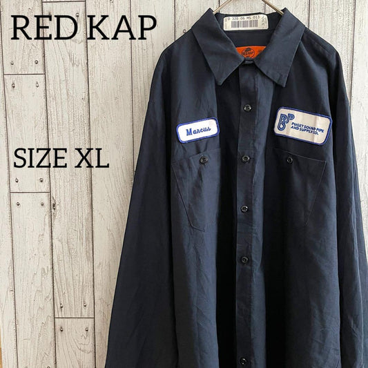 【美品】RED KAP メンズ 長袖ワークシャツ XLサイズ ネイビー